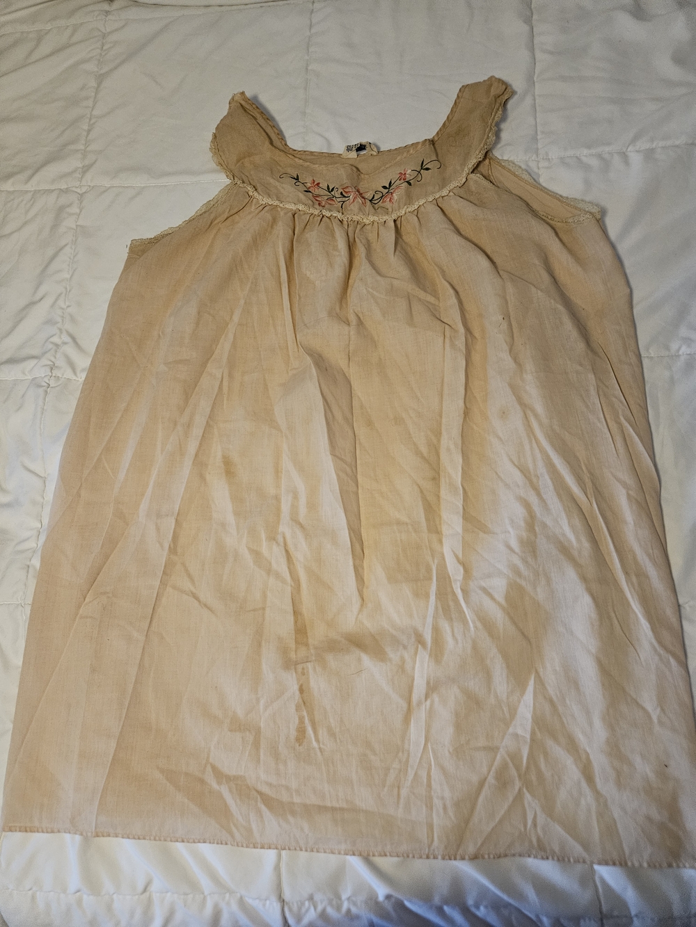 1960s or 1970s Embroidered Peach Cotton Sleeveless Dress